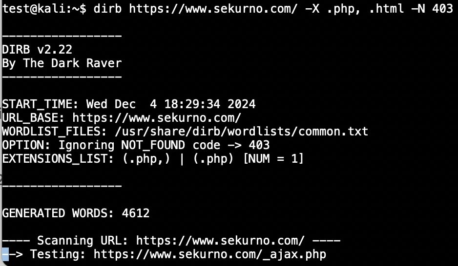  Searching for common directories on *www.sekurno.com* with specific file extensions.