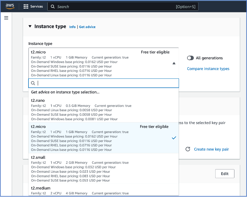 Instance type selection