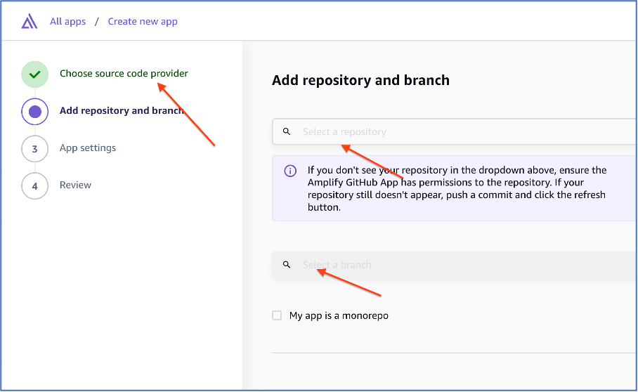 Repo & Branch selection