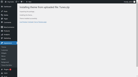 The Page you are sent to after uploading a WordPress theme