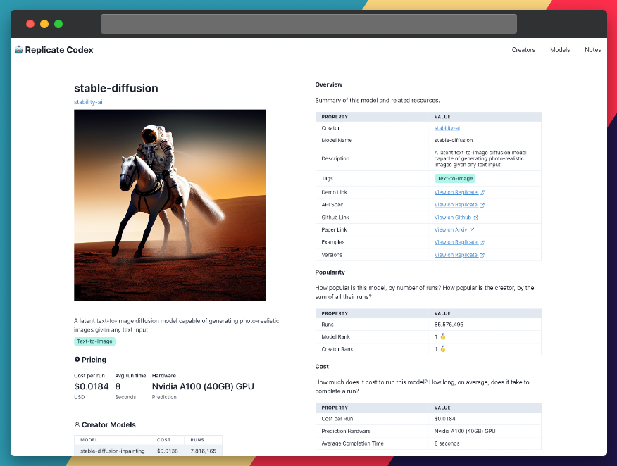 Stable Diffusion is the number 1 most popular model on Replicate Codex