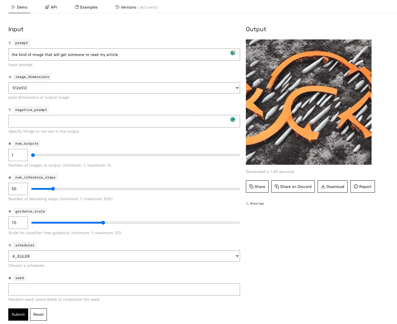 The Replicate GUI for running Stable Diffusion in the browser