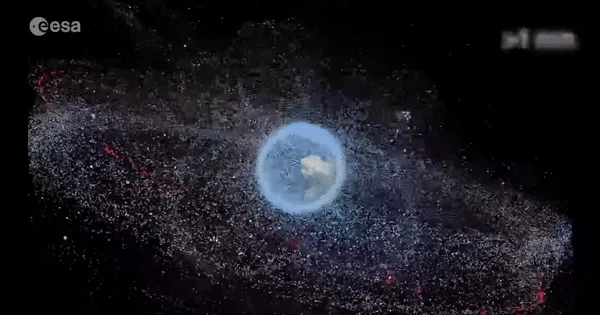 Visualization of space debris orbiting Earth, each dot represents a tracked piece of junk, from defunct satellites to rocket fragments, circling our planet.