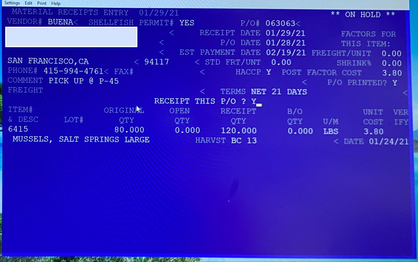 Example ERP system (some info redacted) of one of our first customers – a fish purveyor selling to some of the top Michelin star restaurants. They were still using a bespoke 1980s DOS software that’s no longer maintained.