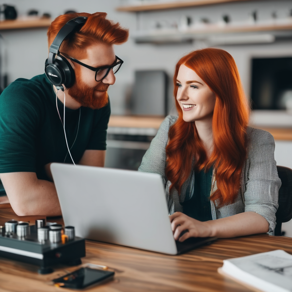 redhead podcaster girl talking to engineer