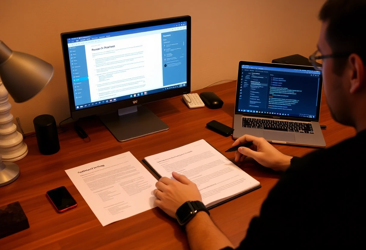 Research and Writing Tools: A desk setup with an open research paper, a laptop displaying an AI interface (like ChatGPT), and a person analyzing the material.