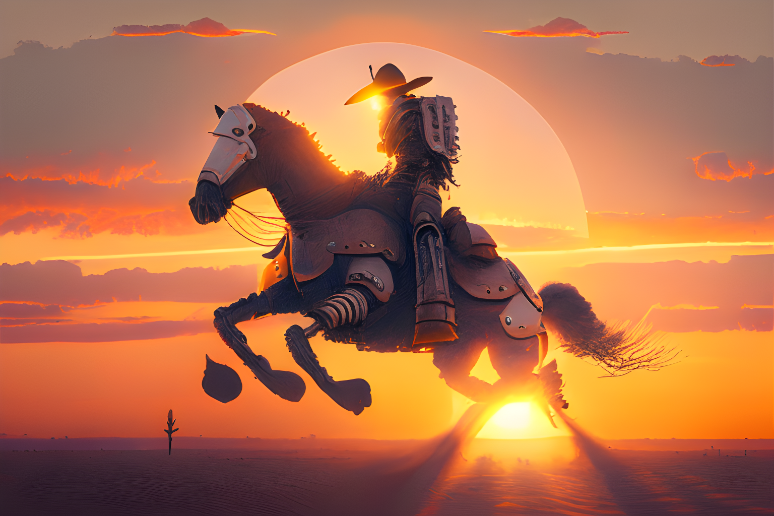 robot cowboy riding off into the sunset