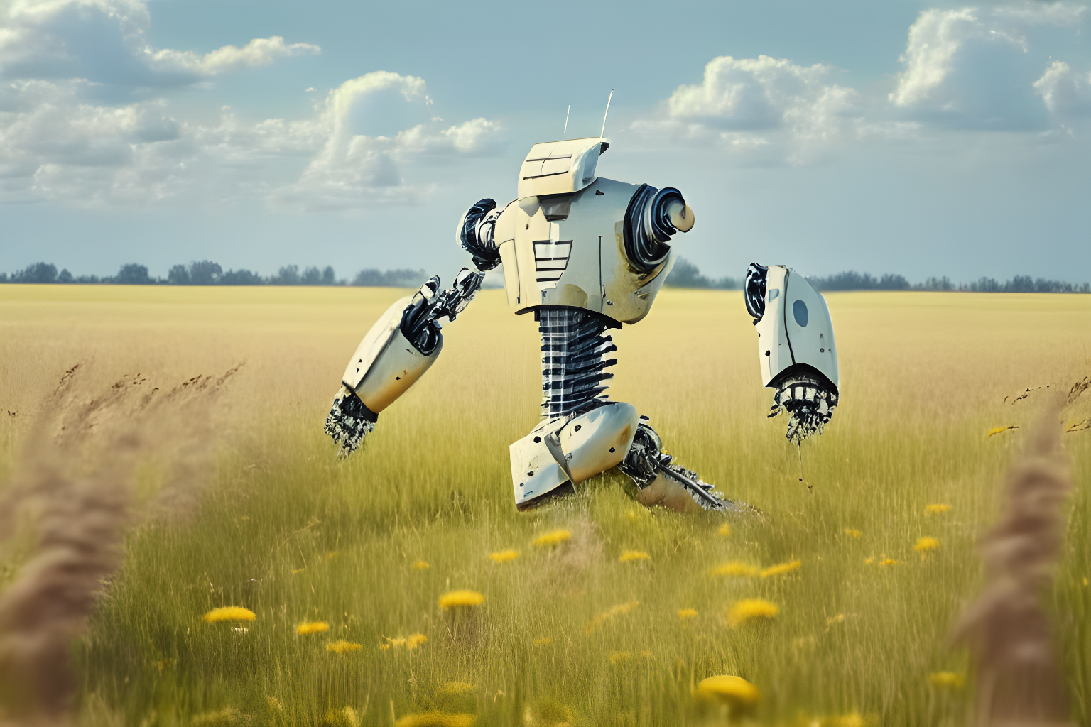 robot exercising in a field