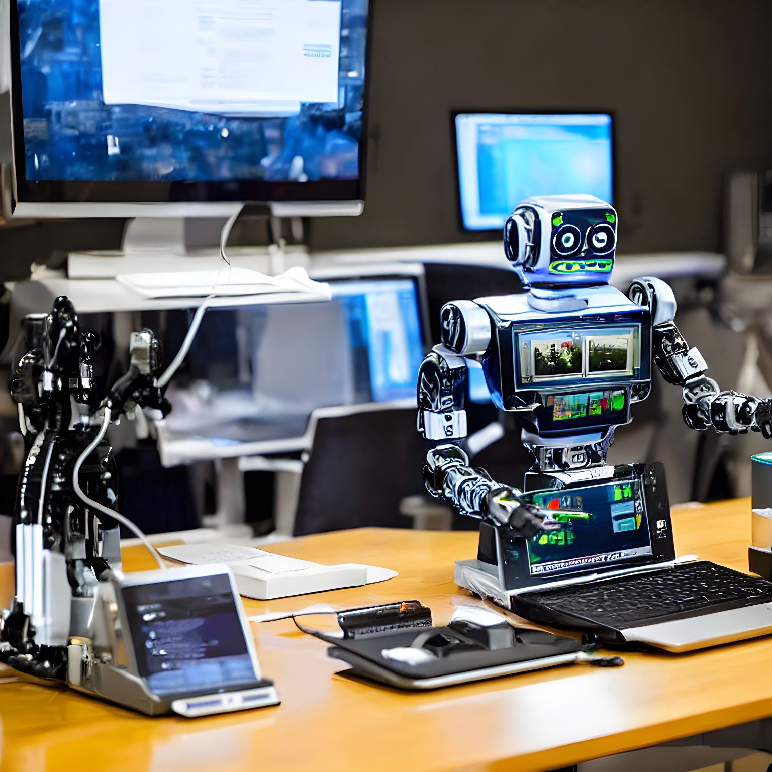 robot sitting in front of a computer