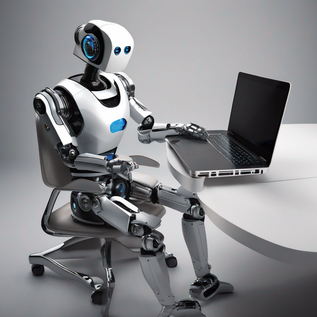 Robot sitting on a chair infront of laptop