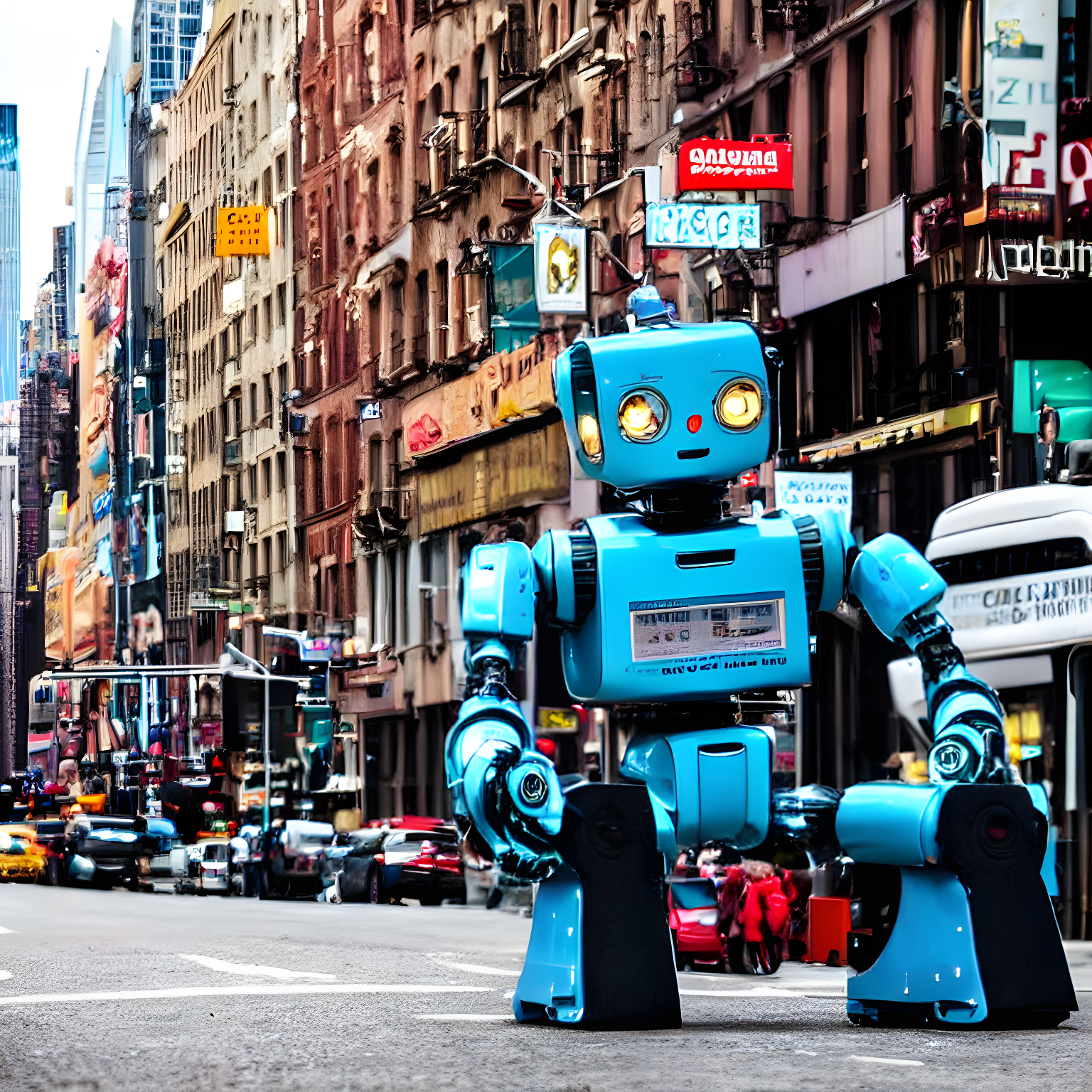 Robot thinking about the world while looking at the busy streets of new york