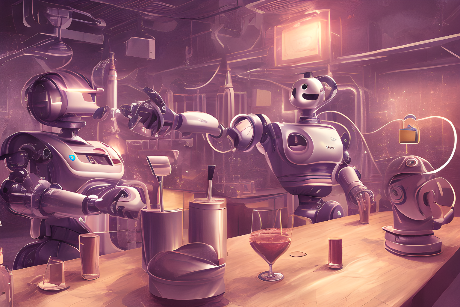 Robot working hard, sweating, while human is enjoying herself sipping cocktail. Concept art illustration that makes the viewer feel intrigued. Studio lighting.