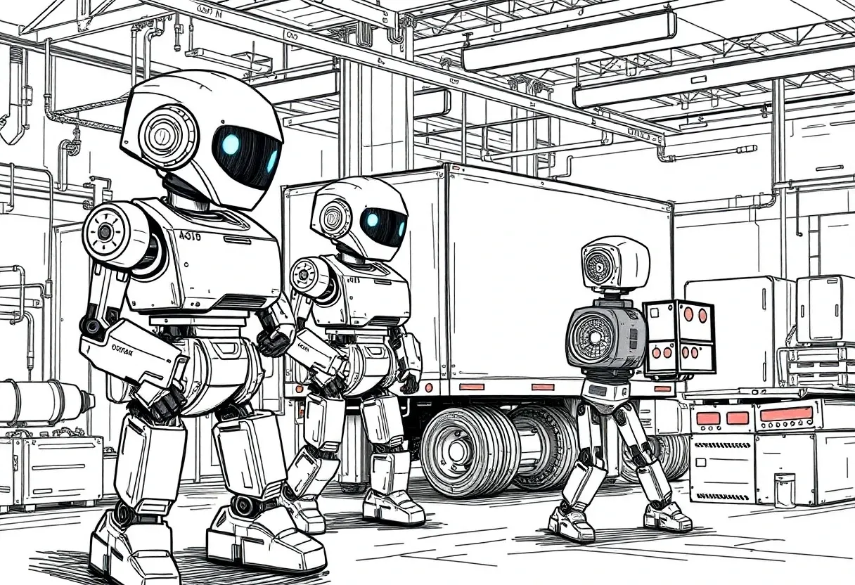 robots working at a moving company sketch artstyle