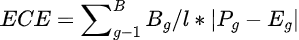 where B is the number of bins, B_i is the number of predictions in bin i, and l is the total number of observations.