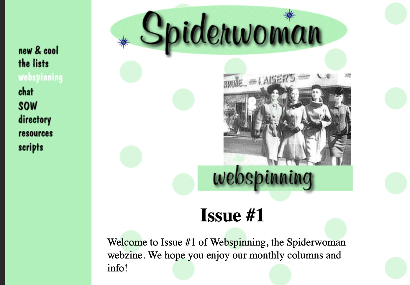 A screenshot from the short-lived Spiderwoman webzine, webspinning