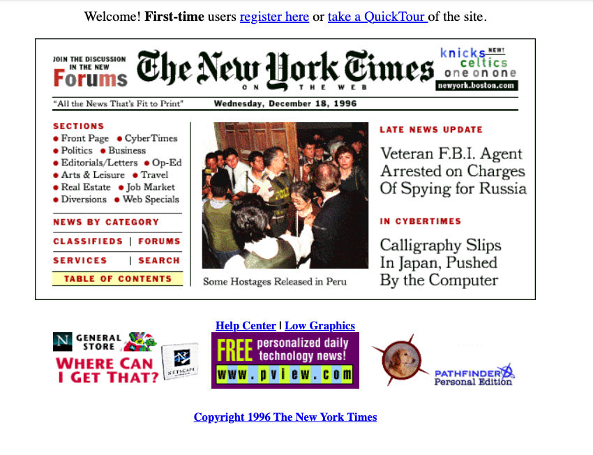 The front page of the New York Times website soon after it launched