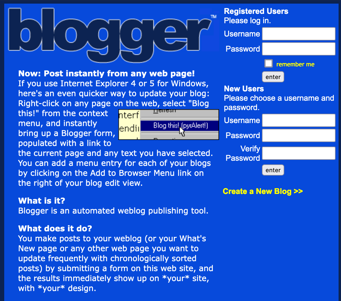 The signup page for version 1 of Blogger, which had users submit posts via the site, which would then be FTP’d to their own servers