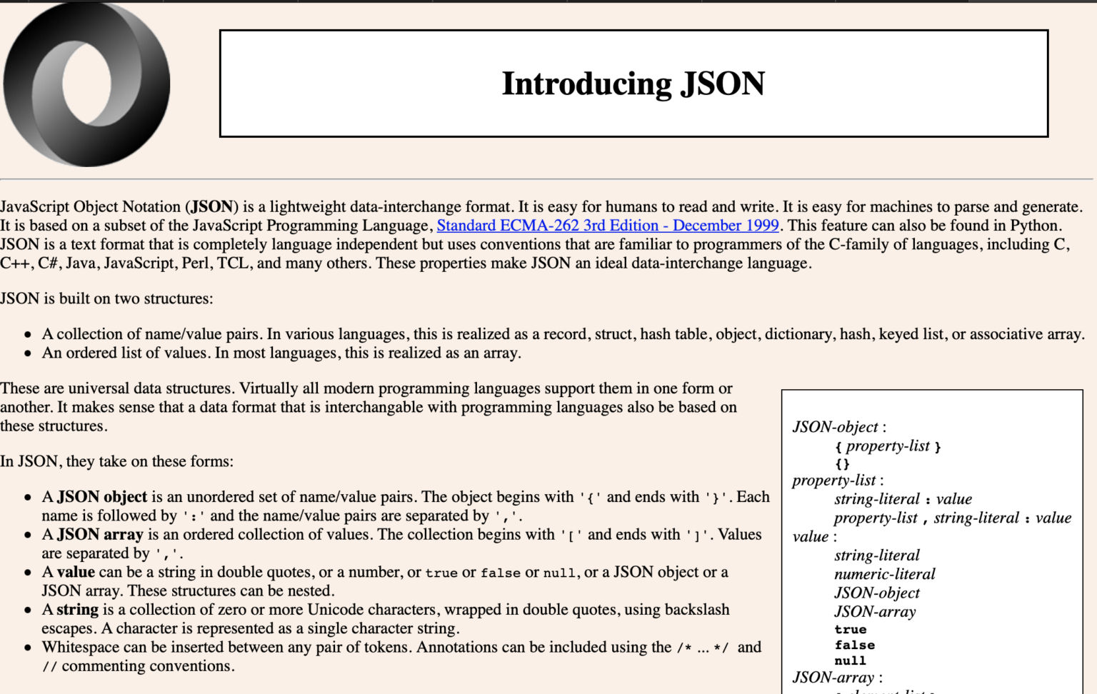 An early version of the JSON.org homepage, which described the spec