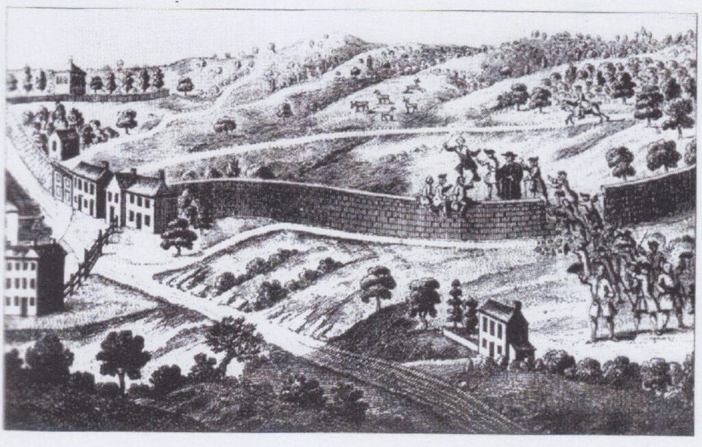Depiction of May 16th, 1751, when a group of local residents climbed over the wall into Richmond Park to carry out the traditional ‘Beating the bounds’ ceremony, an annual walk around the borders of a parish.