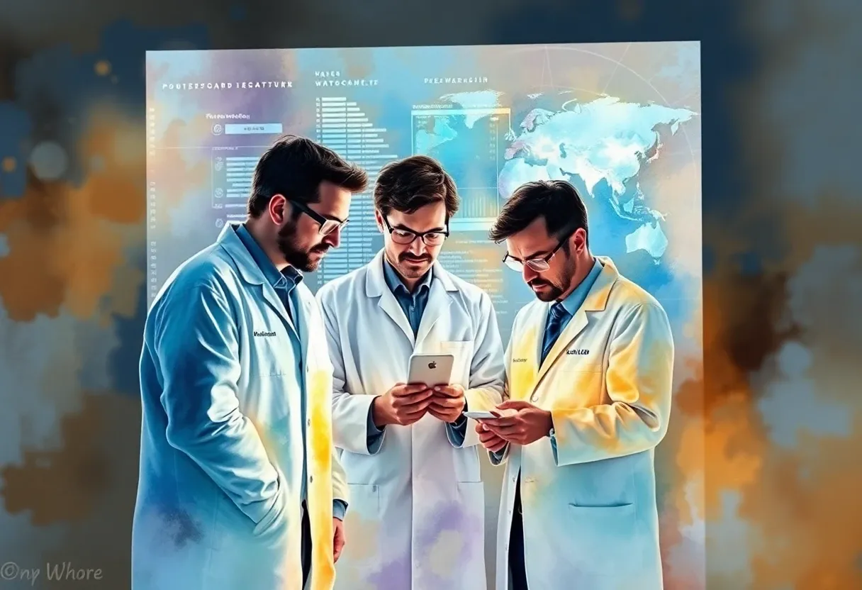scientists huddled up looking at a dataset waterpaint style