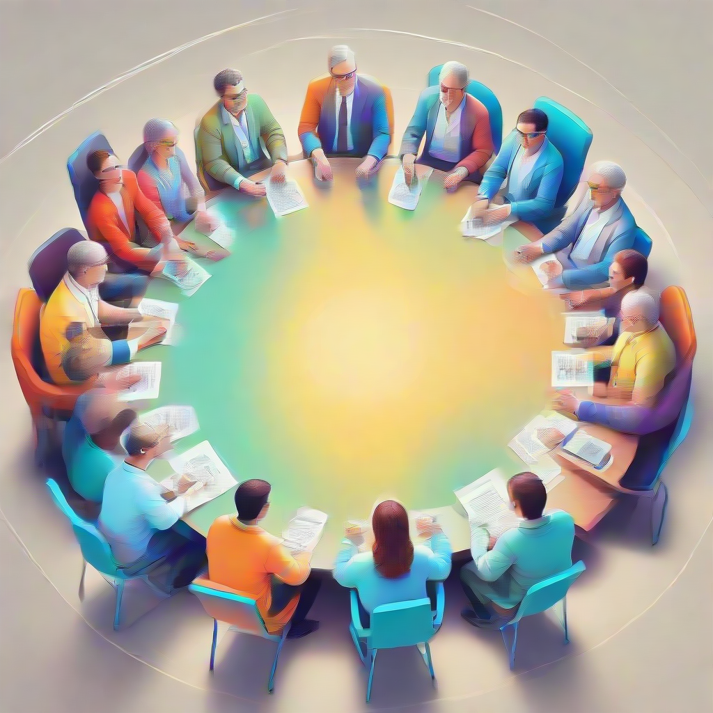 scientists sitting in a round table bright colors