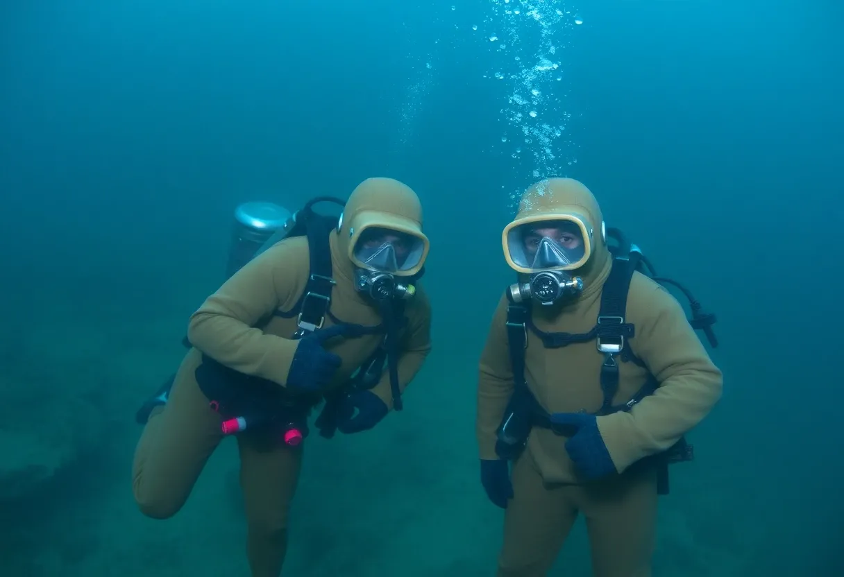 scuba divers in old timey suits at the bottom of the ocean