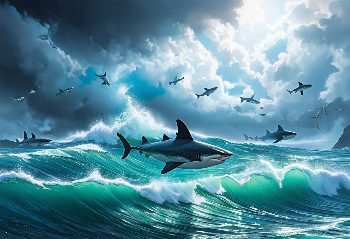 sharks in a stormy ocean