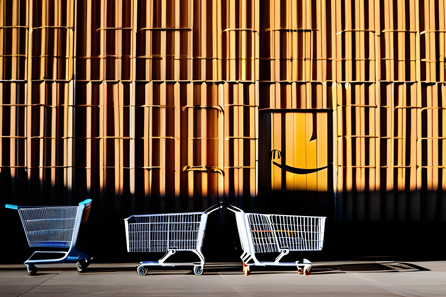 Shoppers with shopping carts in the shadows of an amazon warehouse