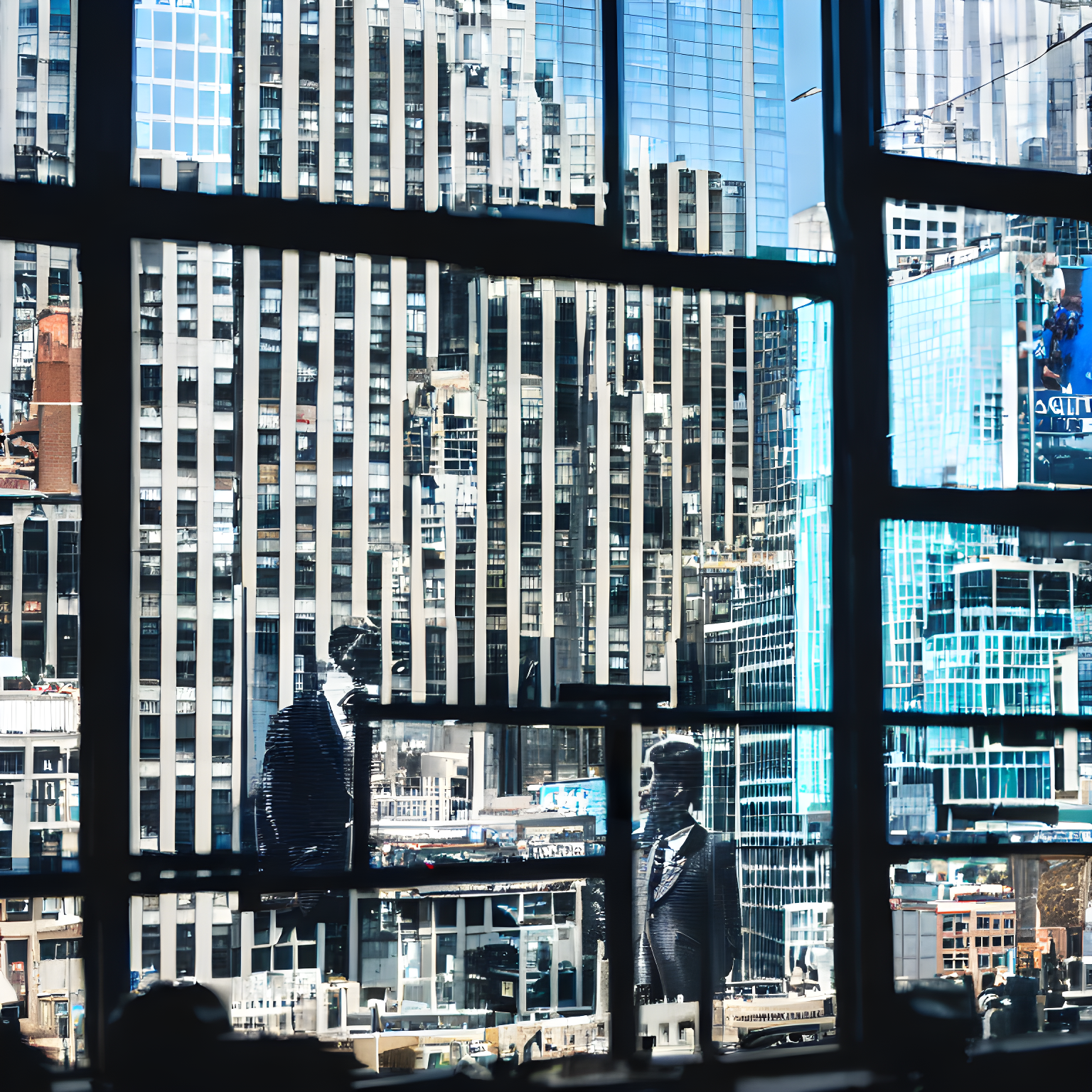 silhouette of A lizard man in a suit looking outside the window while hundreds of blue "tweets" fly in the busy streets of New York