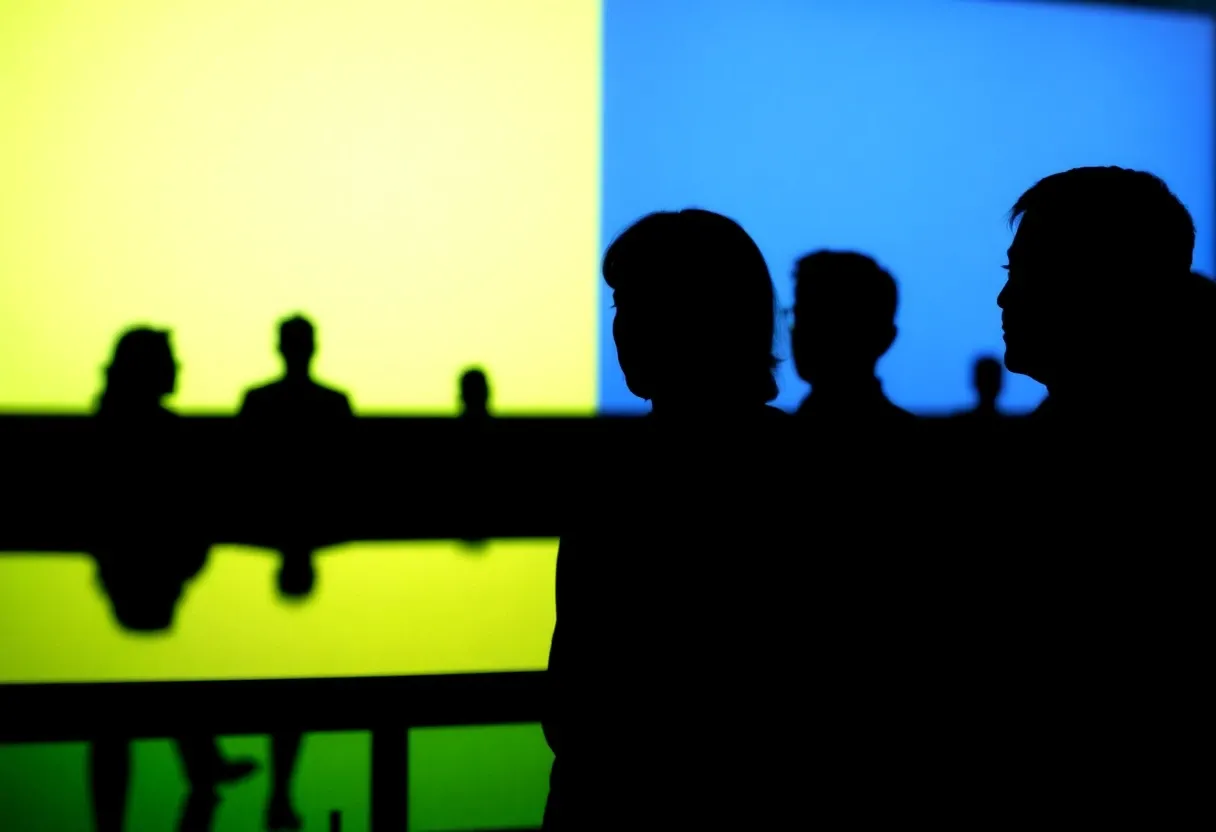 silhouettes of people looking at a screen
