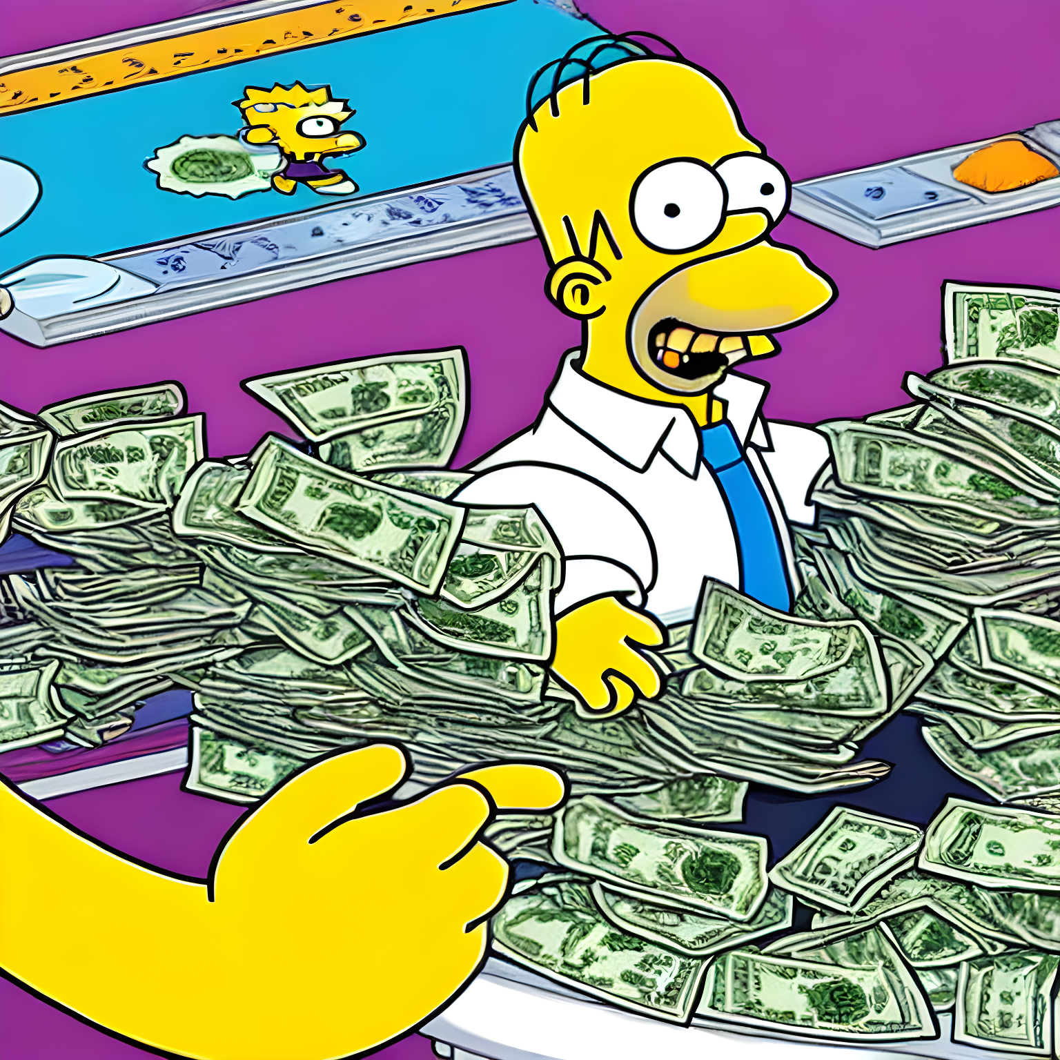 Simpson art style, Homer Simpson counting fresh hundred dollar bills