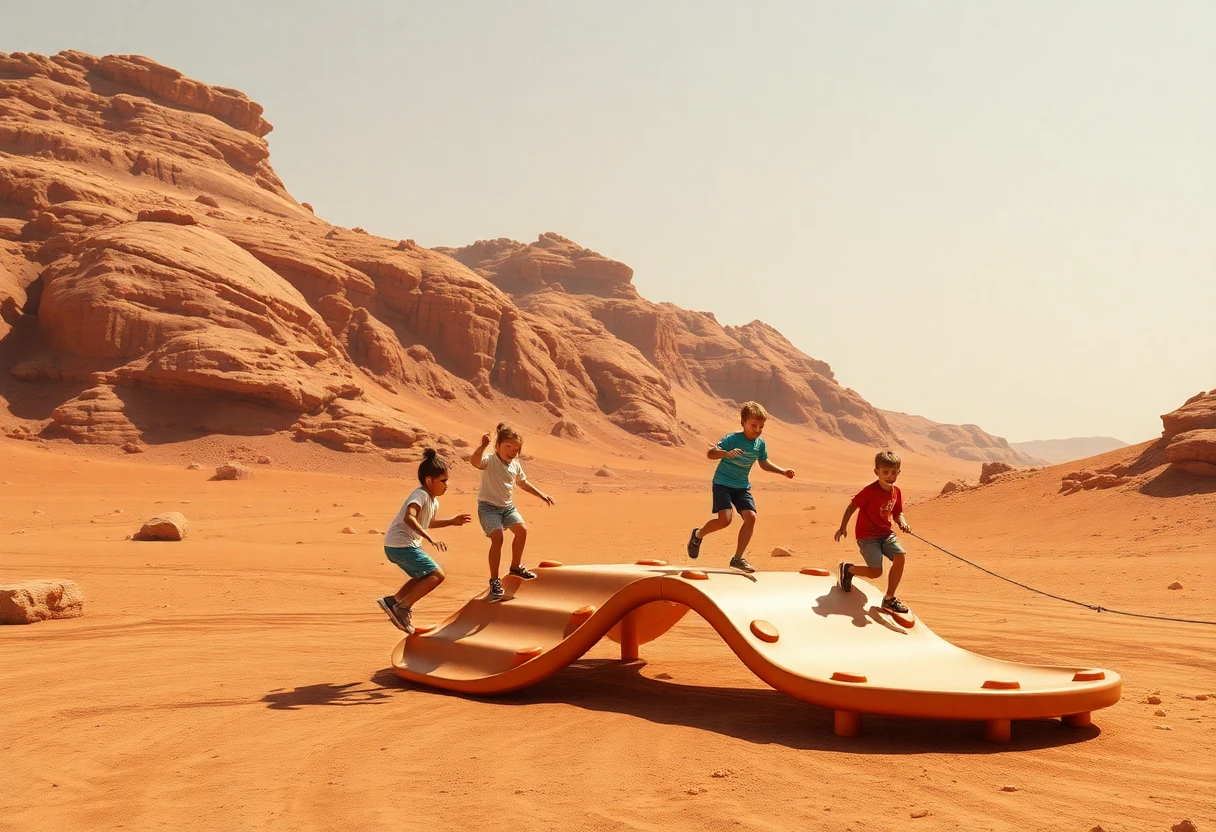 Small kids playing on a playground on Mars