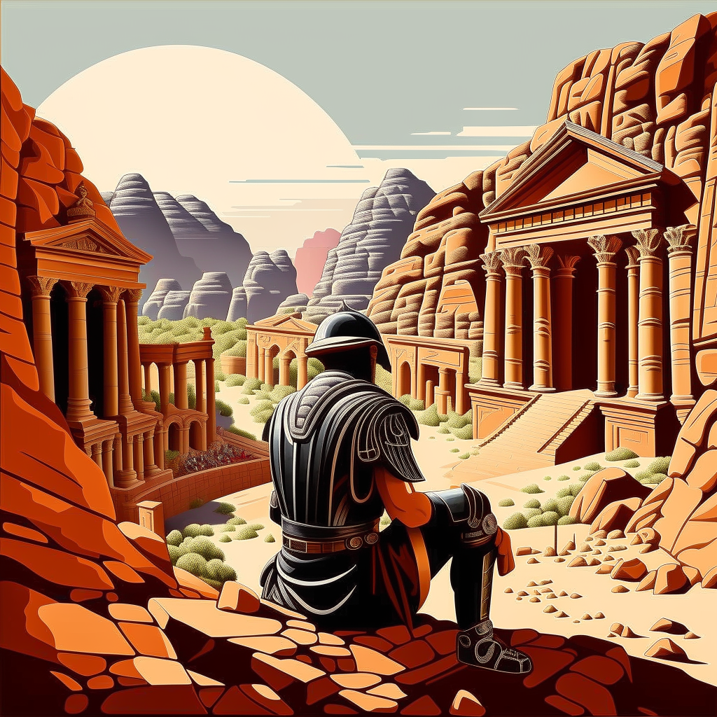 spartan viewing the ancient city of petra, art deco style