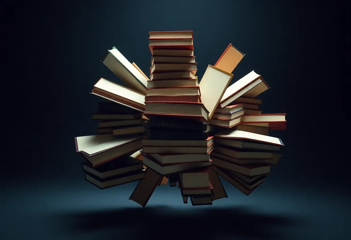 stacks of books orbiting a shapeless blob