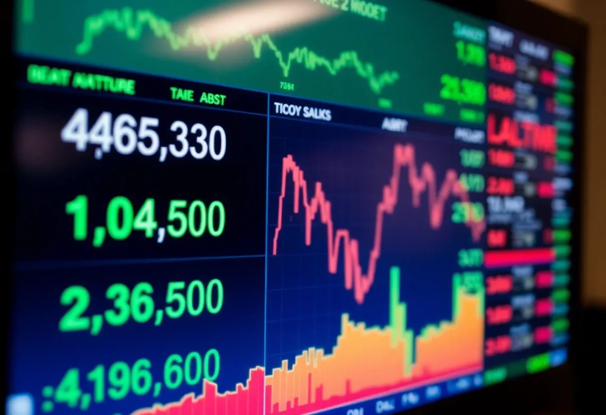 Stock market tickers displayed on a computer screen