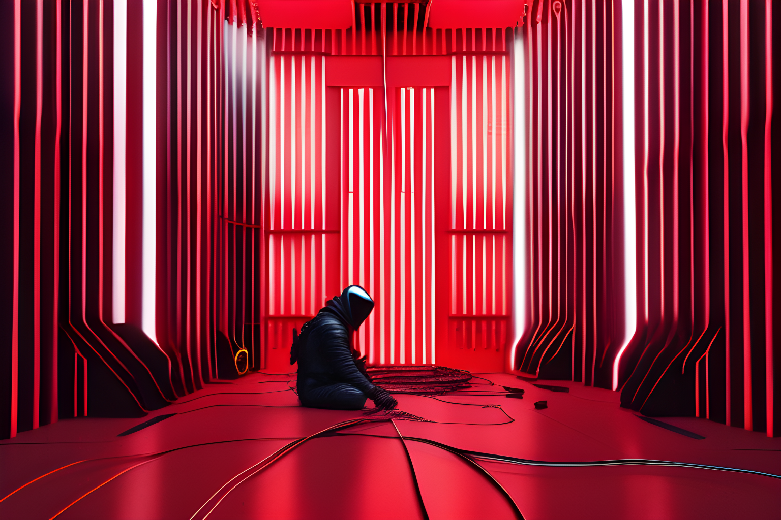 synth human releasing itself from cables in a dystopian red room