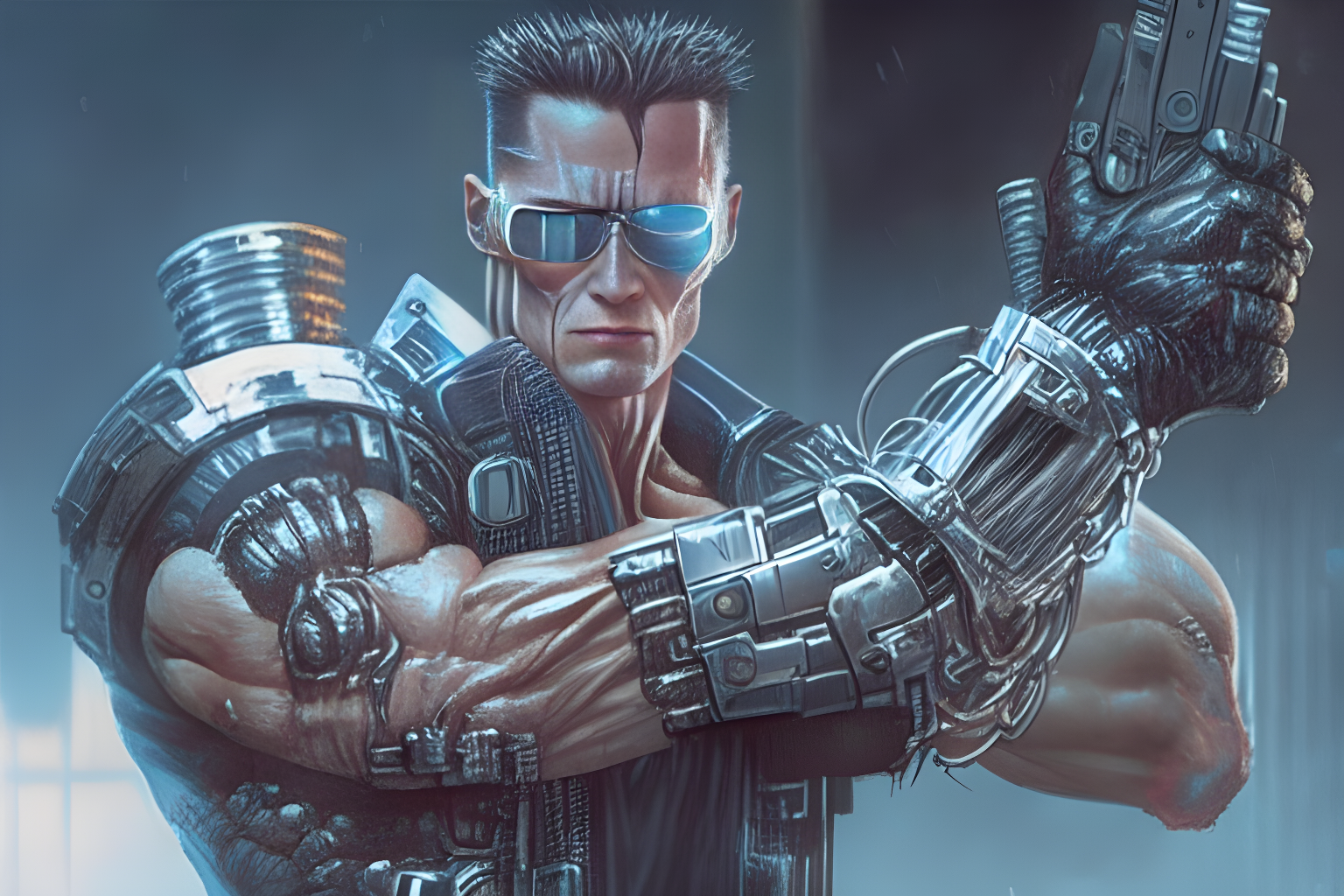 T-800 from Terminator 2 holding a cryptopunk in his robotic arm