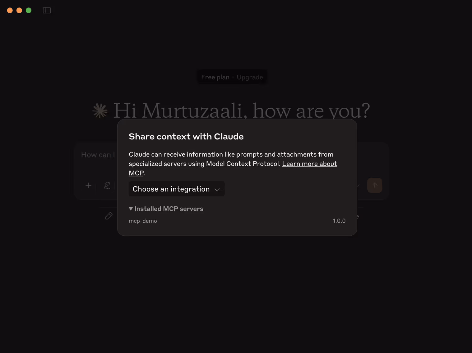 claude desktop app mcp resources context icon click (plug icon)