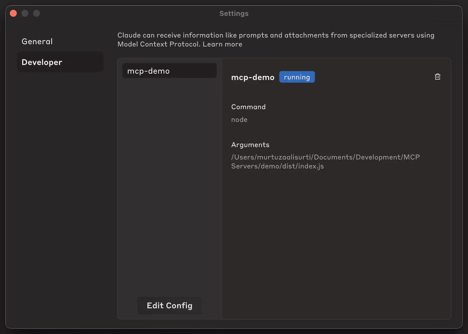 Claude desktop app settings' developer section (to verify MCP server is properly configured and running)