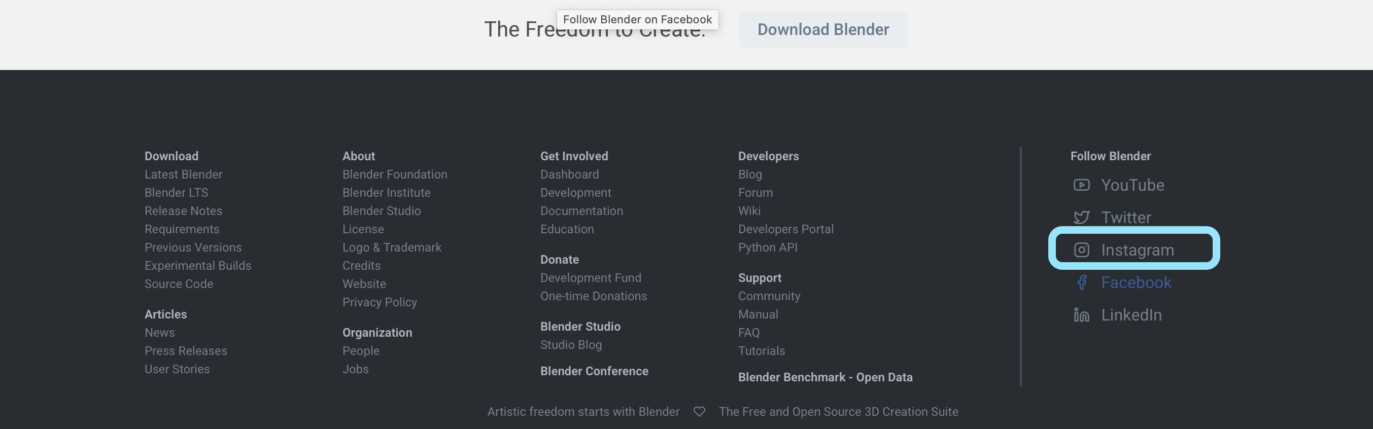 Blender home page footer