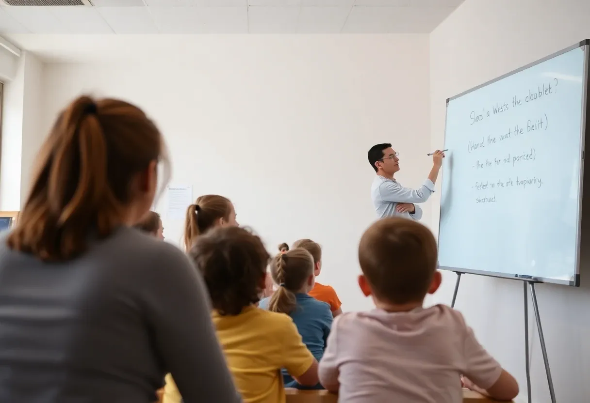 teacher writing on a whiteboard facing a group of seated kids