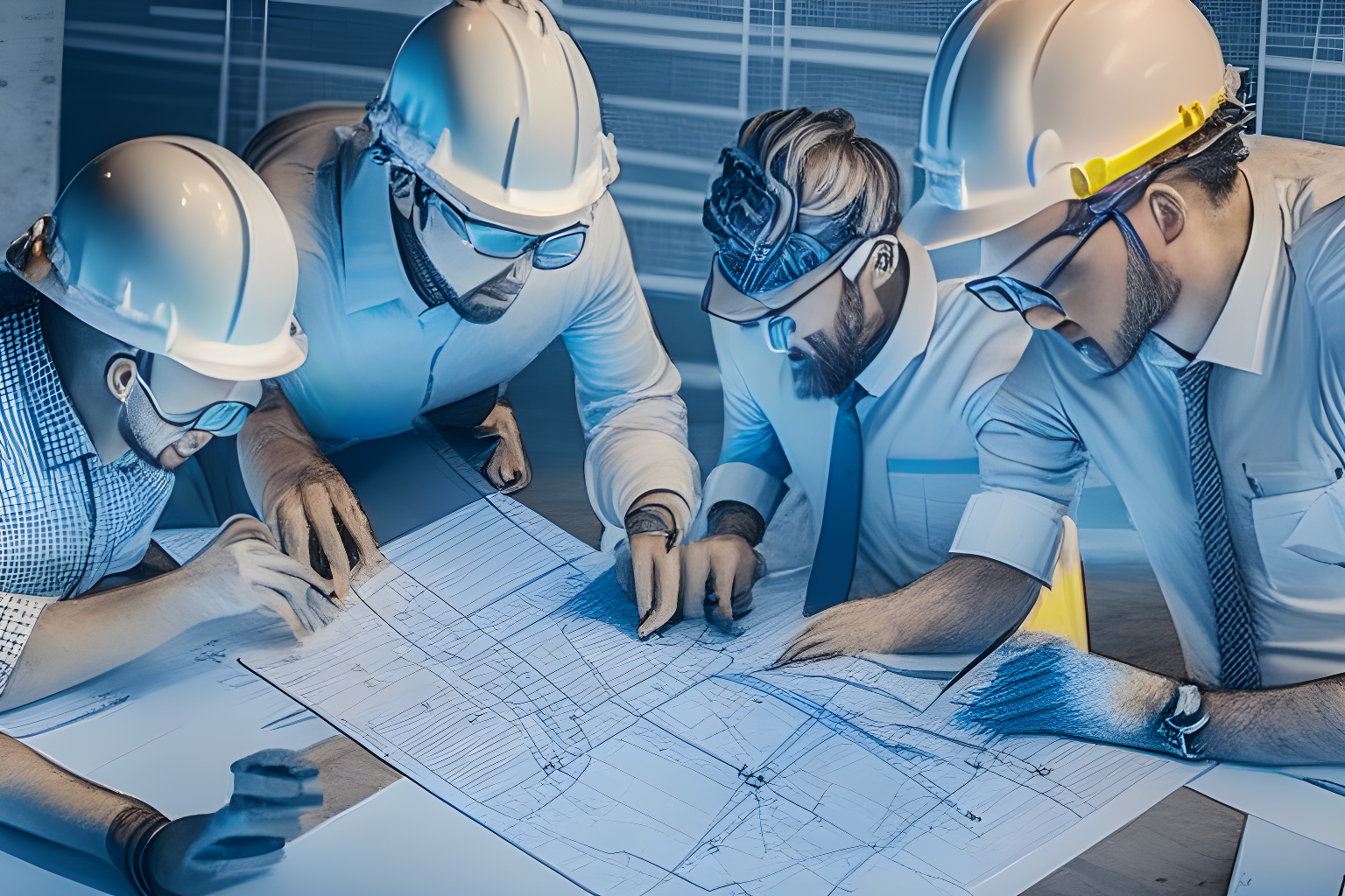 team of engineers collaborating over a blueprint