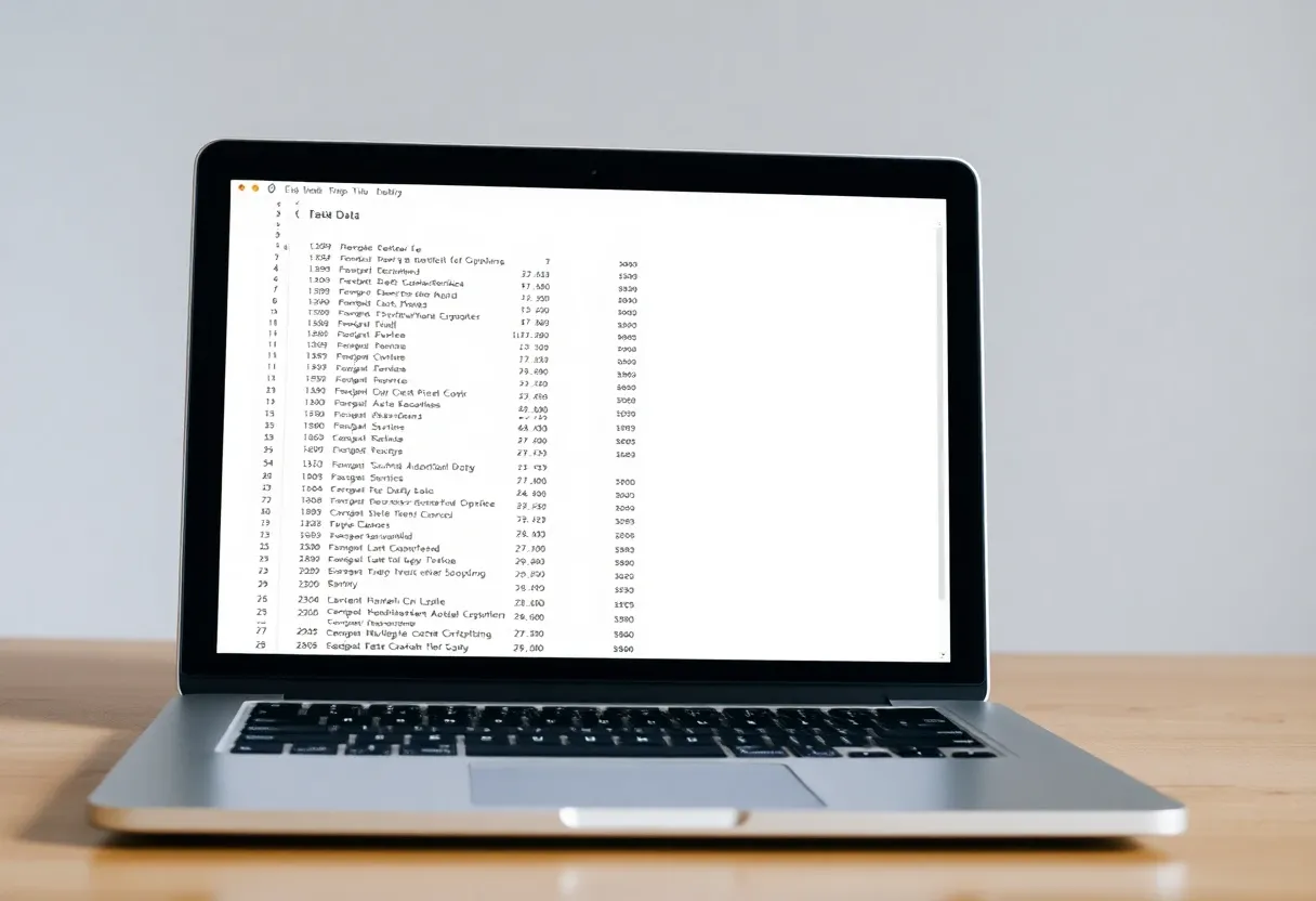 text data sheet displayed on a laptop's screen