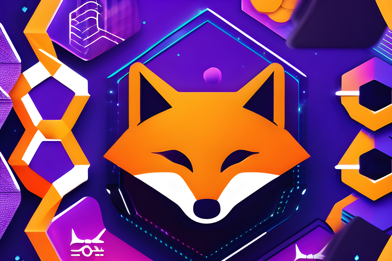 The background is blue-purple nebula with glitch effects. In the center is  the orange fox logo floating over a glowing hexagon network grid  representing blockchain and transactions. The fox has a thought