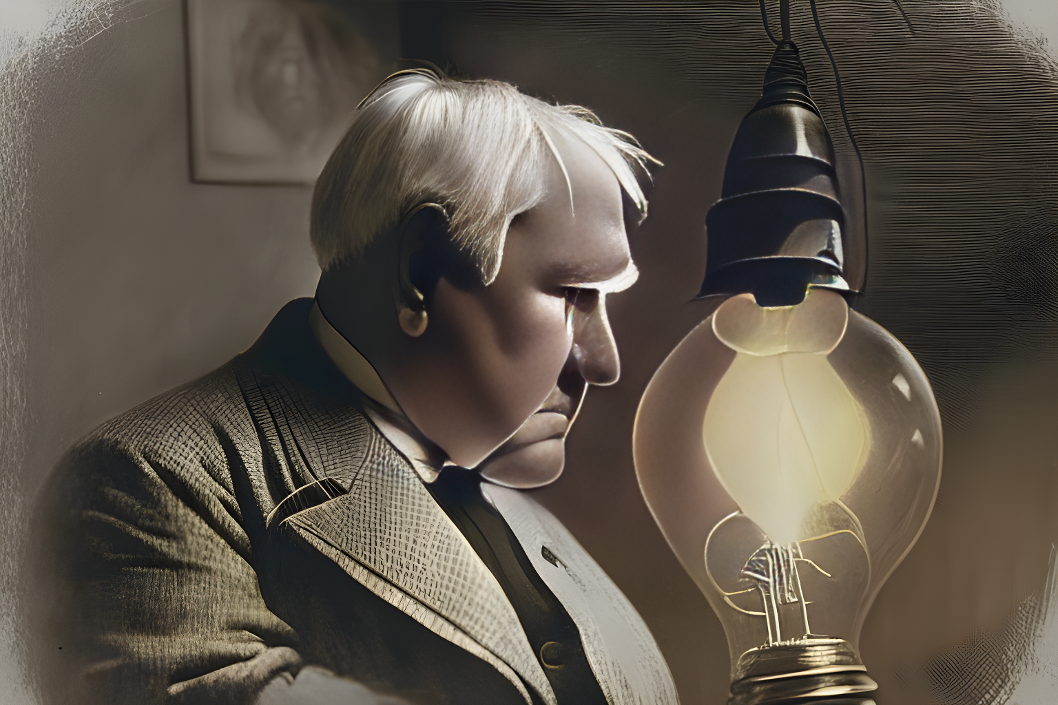 thomas edison looking at the lightbulb