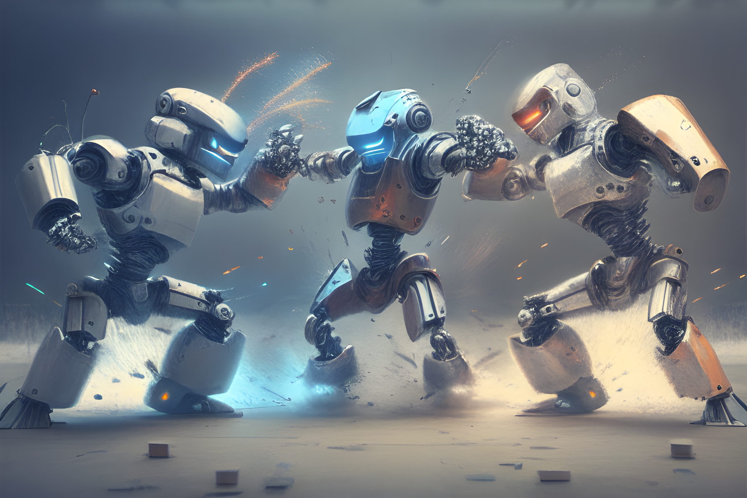 three robots fighting each other