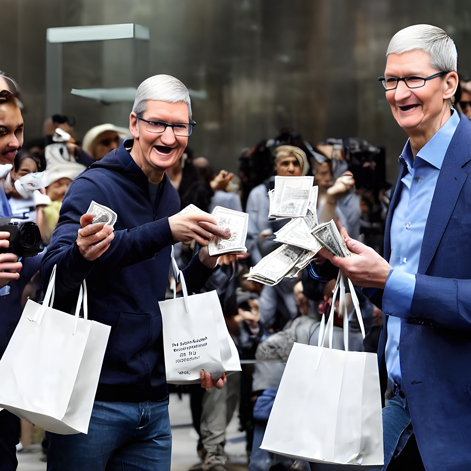 Tim Cook overseeing dozens of people entering Apple stores while holding bags of money