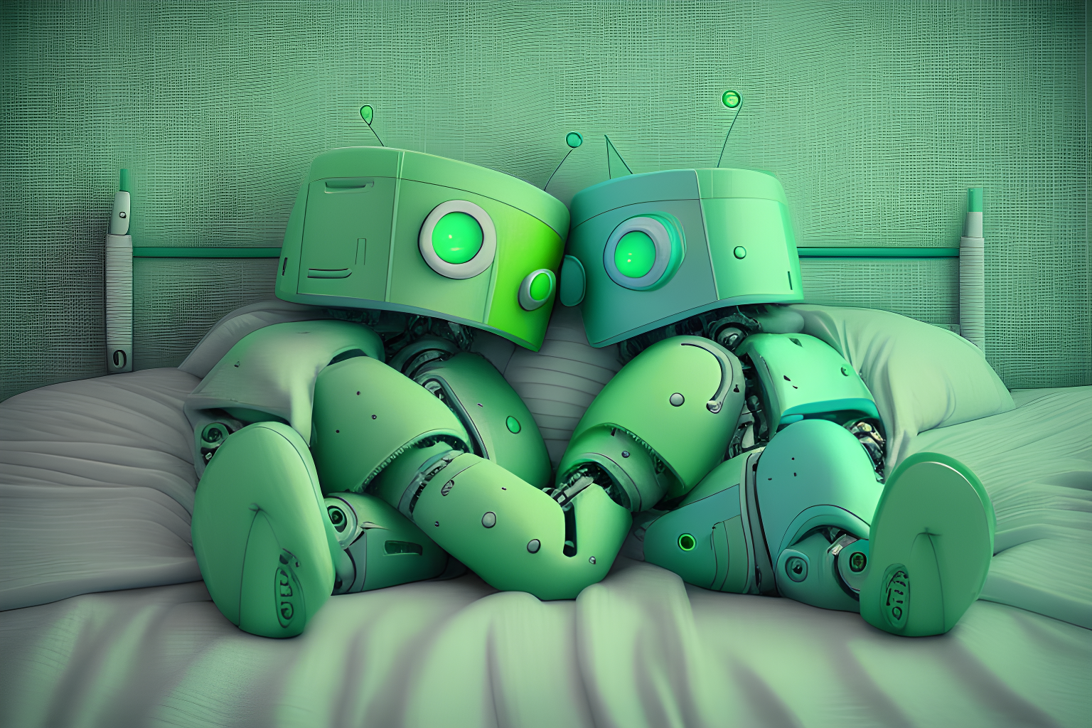 Two adult robots cuddling with each other in a bed, one robot is green