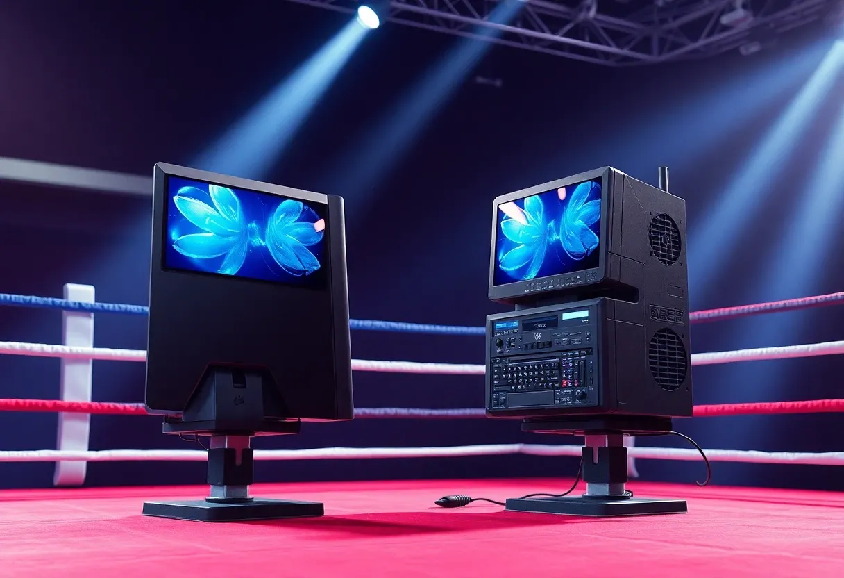 two computers in a boxing ring