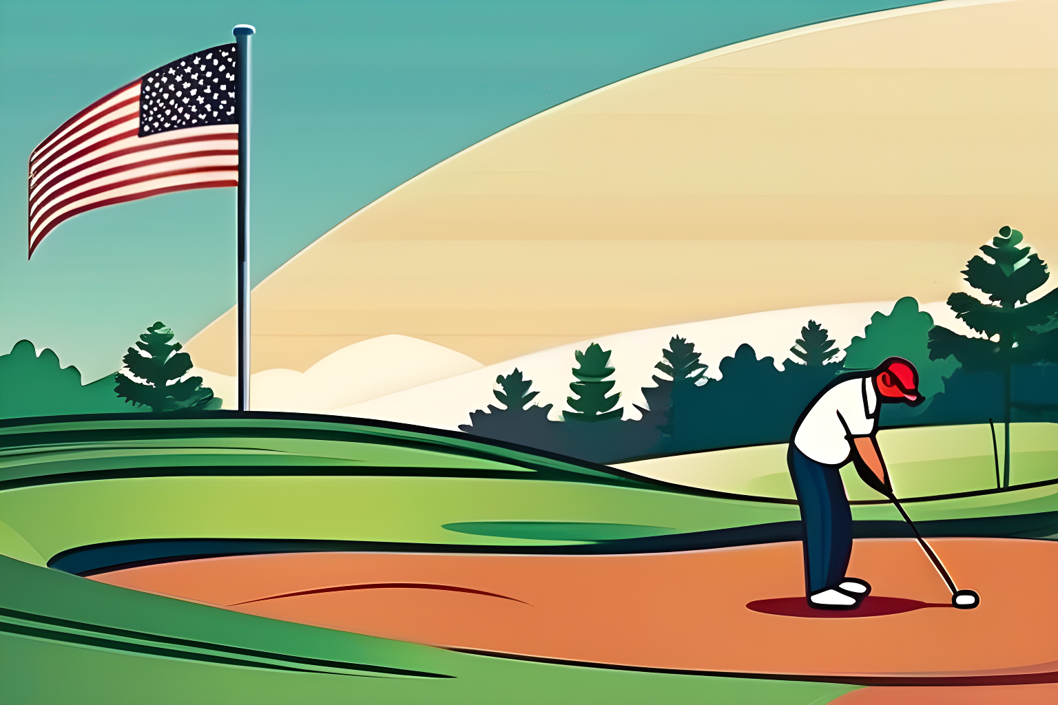 two people playing golf, american flag in the background, cartoon style